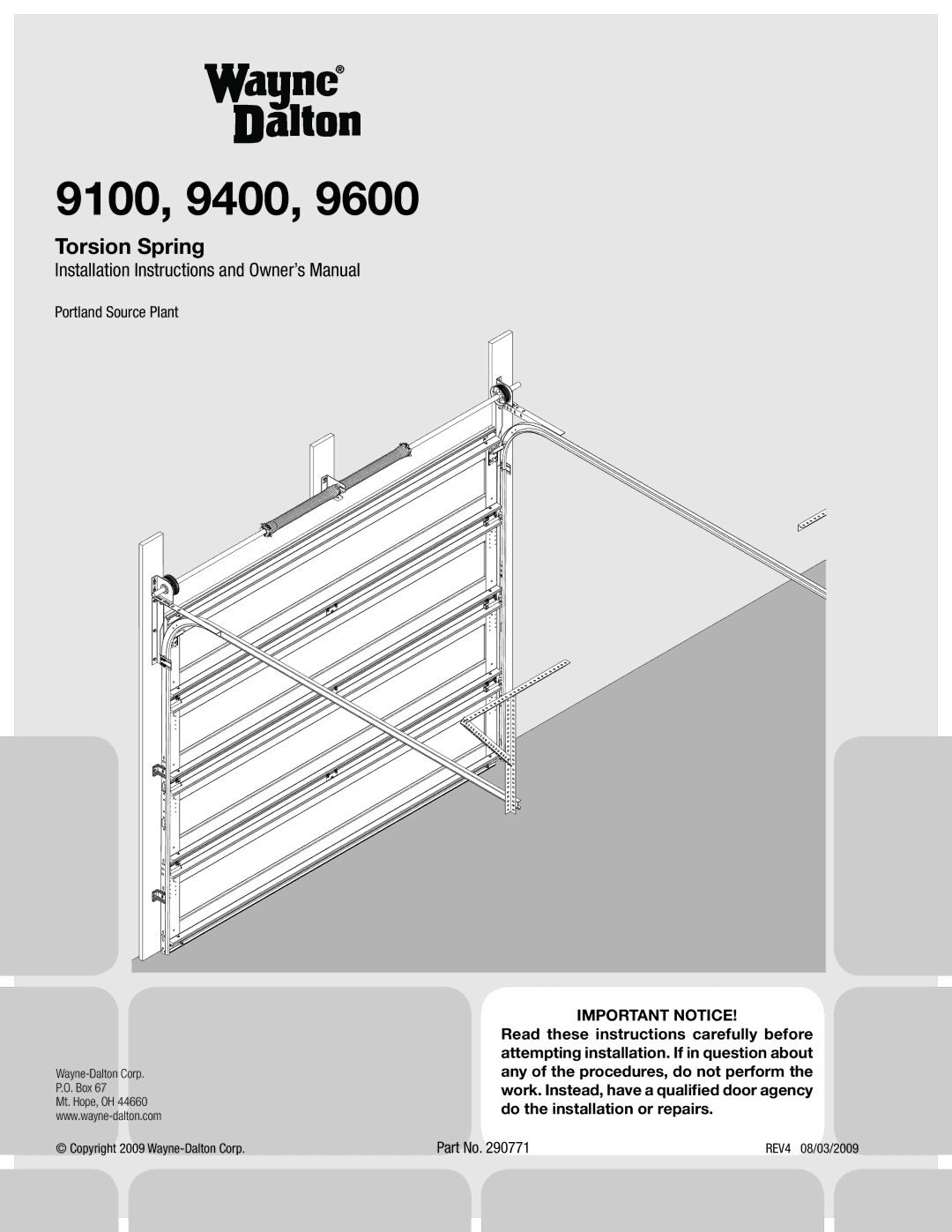 Wayne-Dalton 9600 installation instructions 9100, 9400, Portland Source Plant 