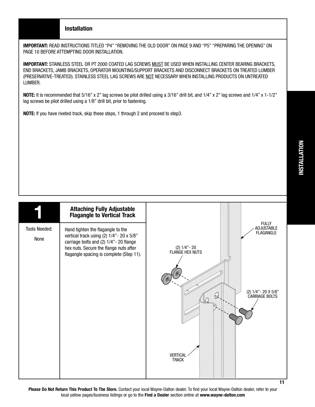 Wayne-Dalton 9600 Installation, Attaching Fully Adjustable, Flagangle to Vertical Track, Hand tighten the flagangle to 