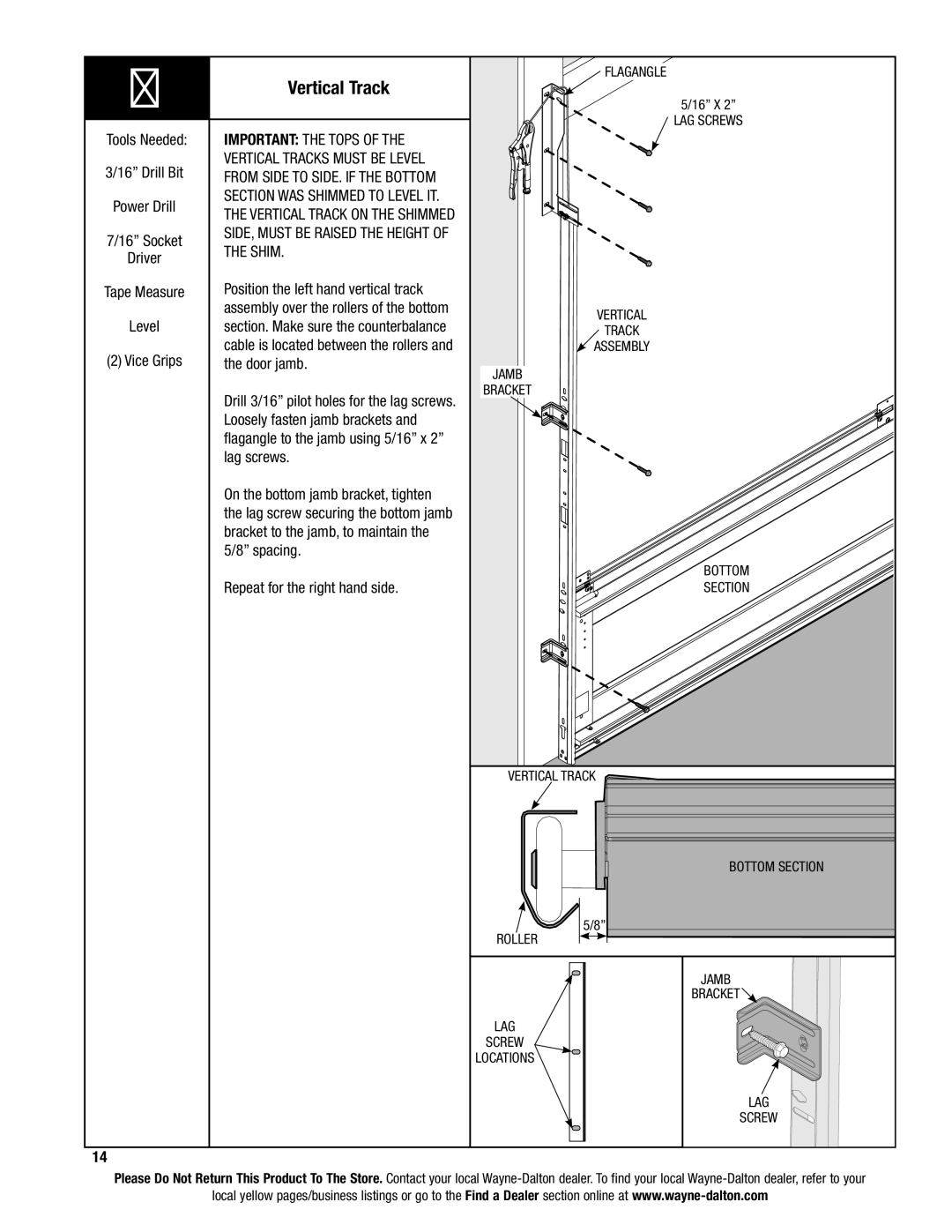 Wayne-Dalton 9600, 9400, 9100 installation instructions Vertical Track 