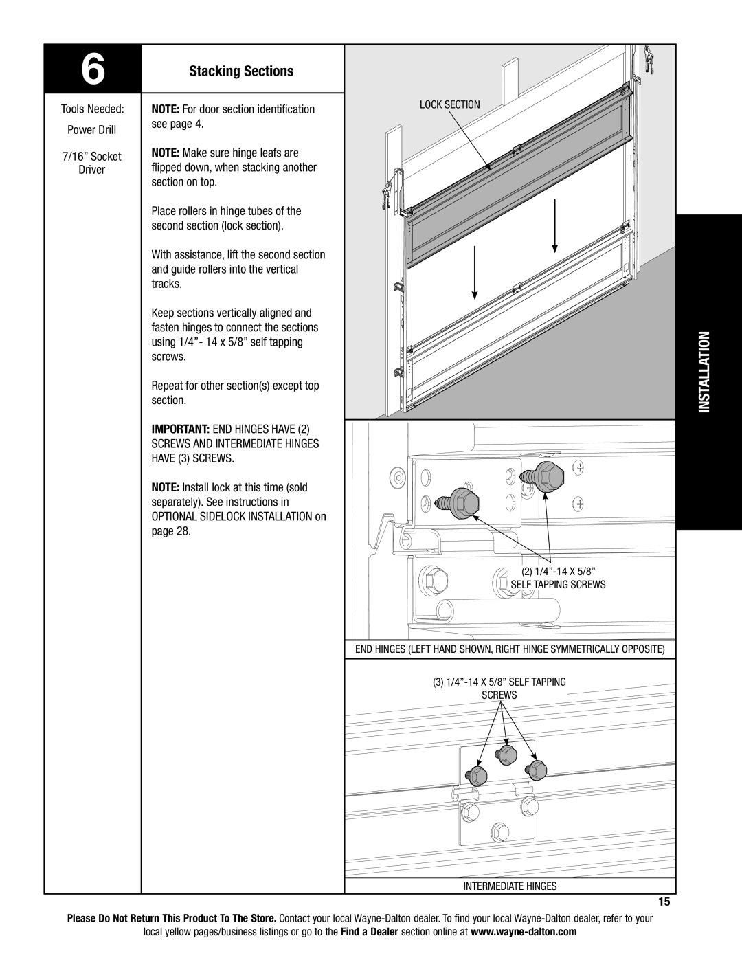 Wayne-Dalton 9400, 9100, 9600 installation instructions Stacking Sections 