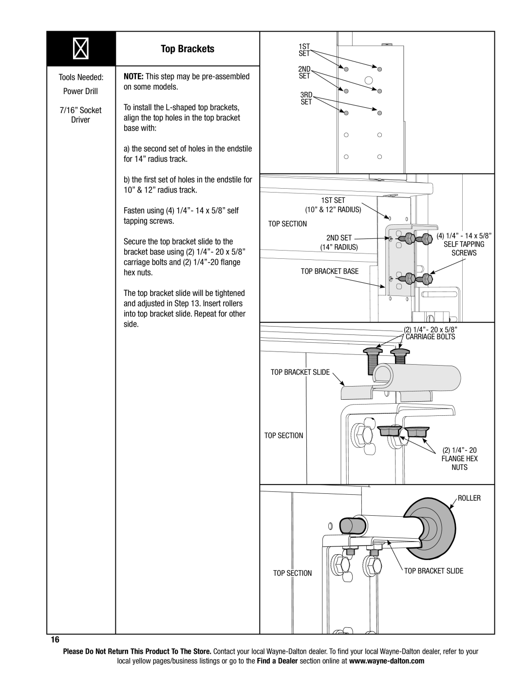 Wayne-Dalton 9100, 9400, 9600 installation instructions Top Brackets 