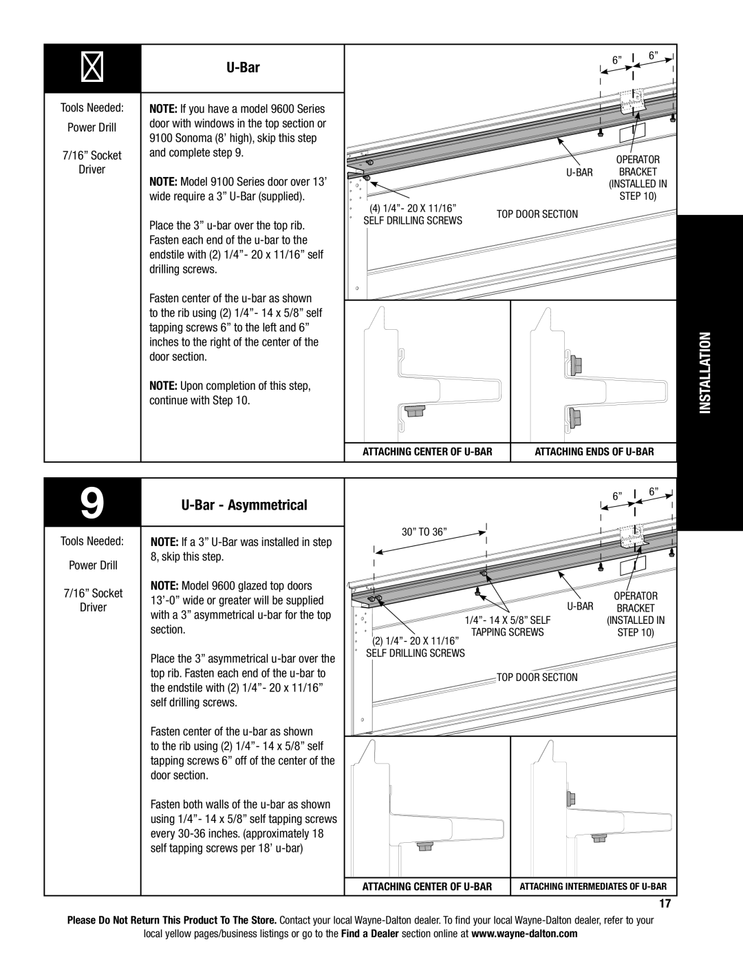 Wayne-Dalton 9600, 9400, 9100 installation instructions Bar Asymmetrical 