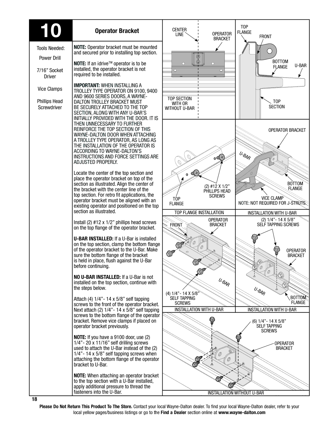 Wayne-Dalton 9400, 9100, 9600 installation instructions Operator Bracket, Important When Installing a, Adjusted Properly 