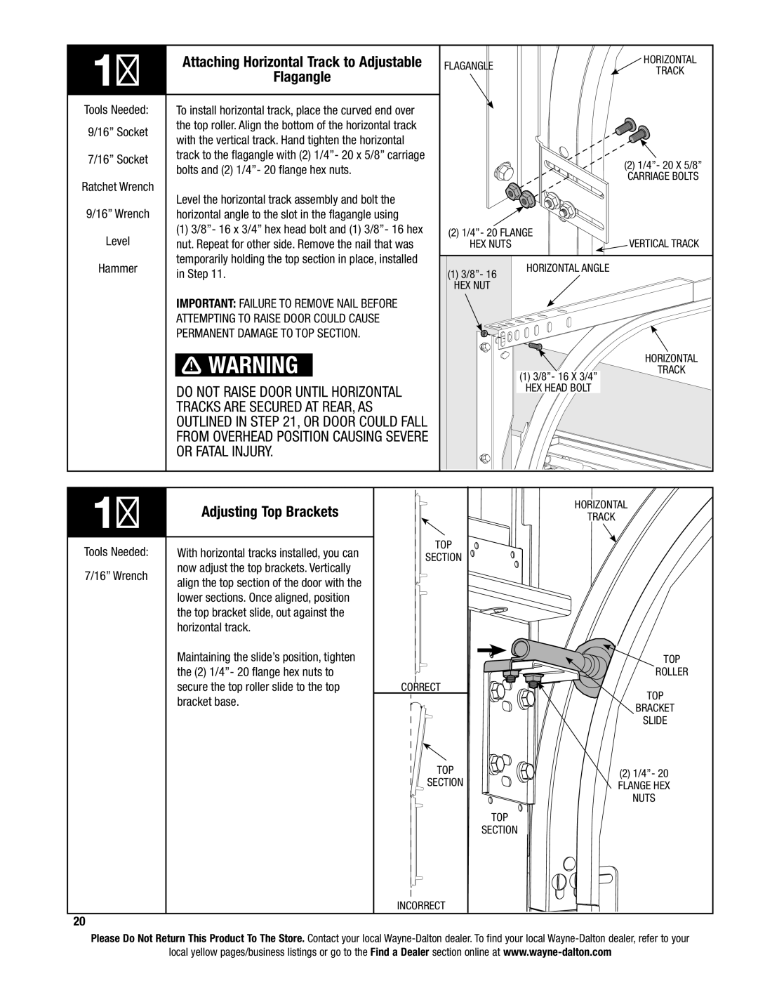 Wayne-Dalton 9600, 9400, 9100 installation instructions Flagangle, Adjusting Top Brackets, Do not Raise Door Until Horizontal 