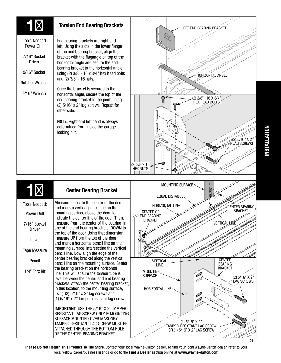 Wayne-Dalton 9400, 9100, 9600 installation instructions Torsion End Bearing Brackets, Center Bearing Bracket 