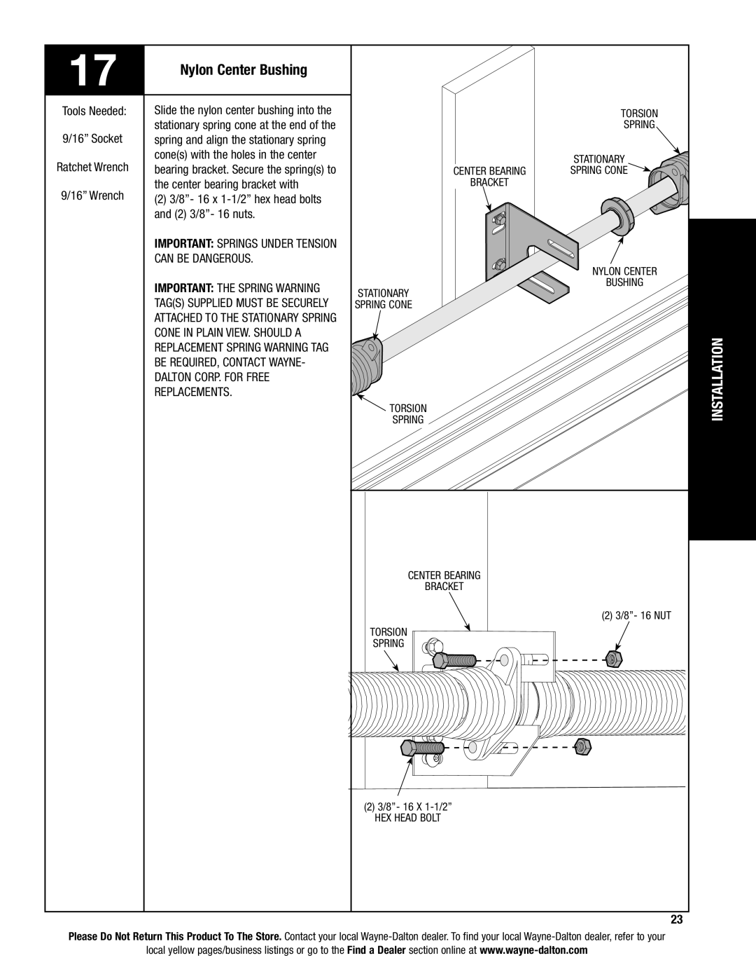 Wayne-Dalton 9600, 9400, 9100 installation instructions Nylon Center Bushing 