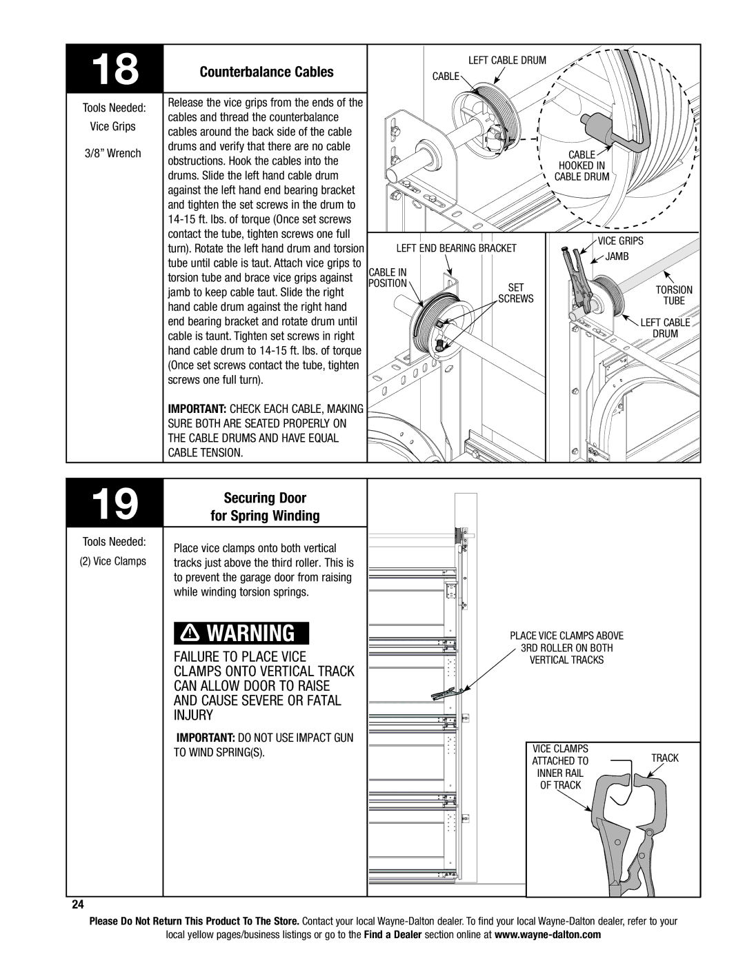 Wayne-Dalton 9400, 9100, 9600 installation instructions Counterbalance Cables, Securing Door, For Spring Winding 