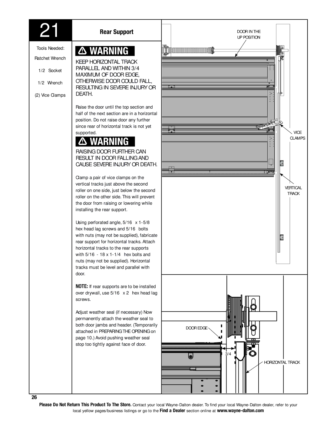 Wayne-Dalton 9600, 9400, 9100 Rear Support, Keep horizontal track, Parallel and within 3/4, Maximum of door edge, Death 