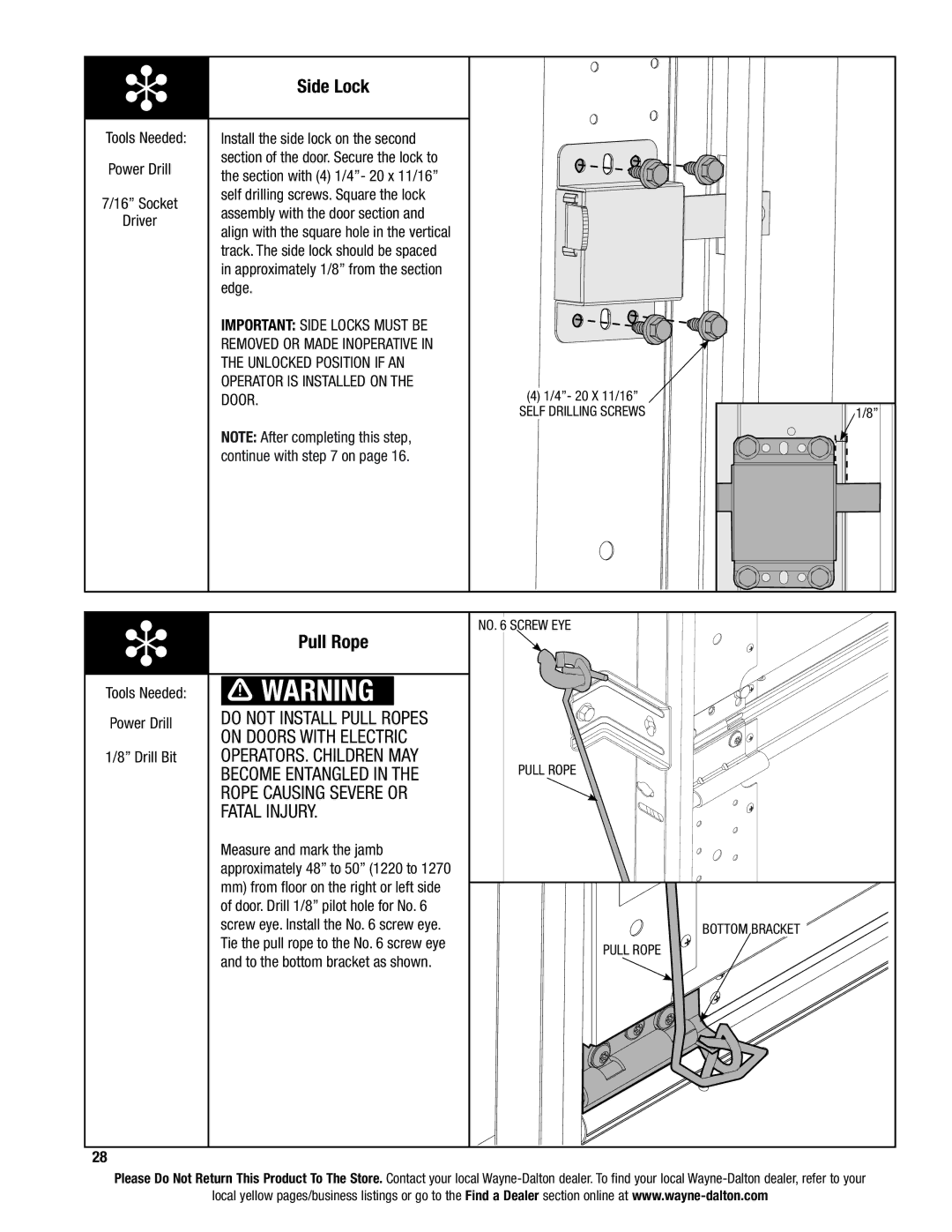 Wayne-Dalton 9100, 9400, 9600 installation instructions Side Lock, Pull Rope 