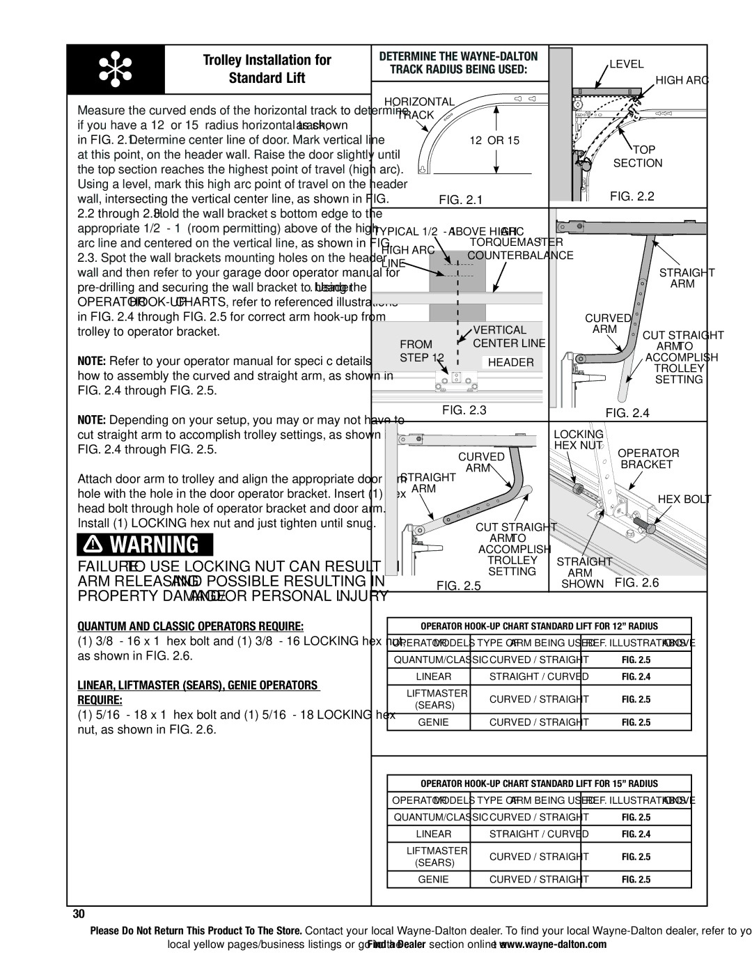 Wayne-Dalton 9400, 9100, 9600 Trolley Installation for, Standard Lift, Failure to use locking nut can result 