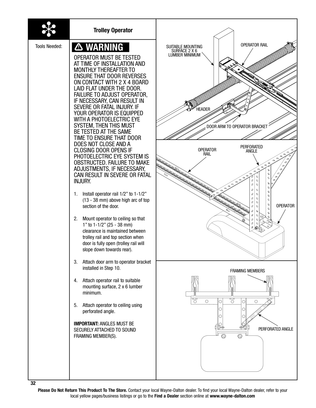 Wayne-Dalton 9600, 9400, 9100 Trolley Operator, Header Door ARM to Operator Bracket, Perforated OPERATORangle rail 