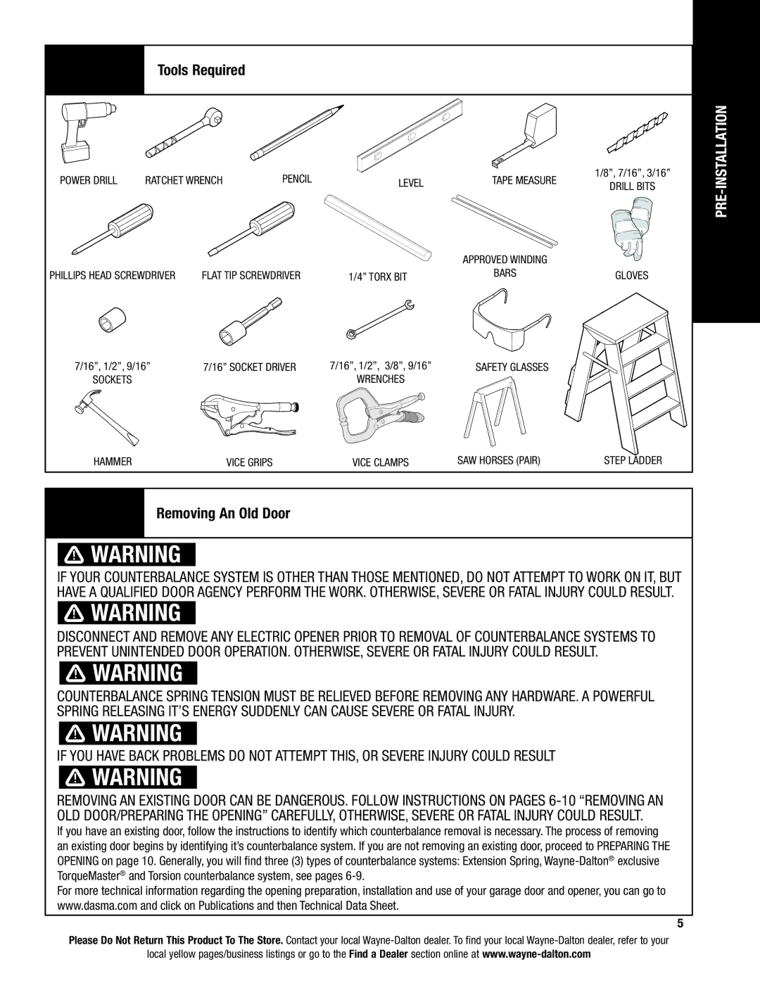 Wayne-Dalton 9600, 9400, 9100 installation instructions Tools Required, Level 