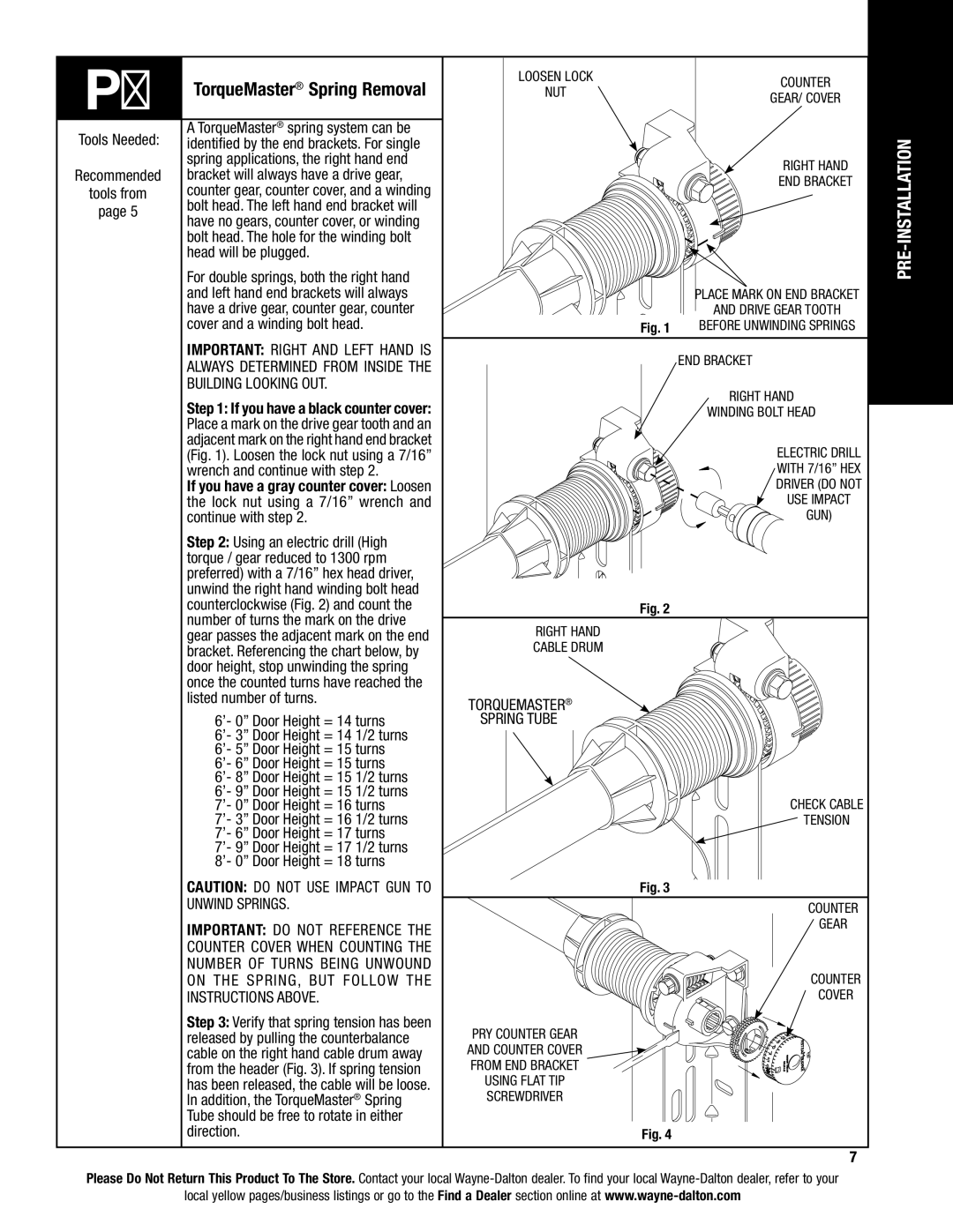 Wayne-Dalton 9100, 9400, 9600 installation instructions TorqueMaster Spring Removal, Unwind Springs 