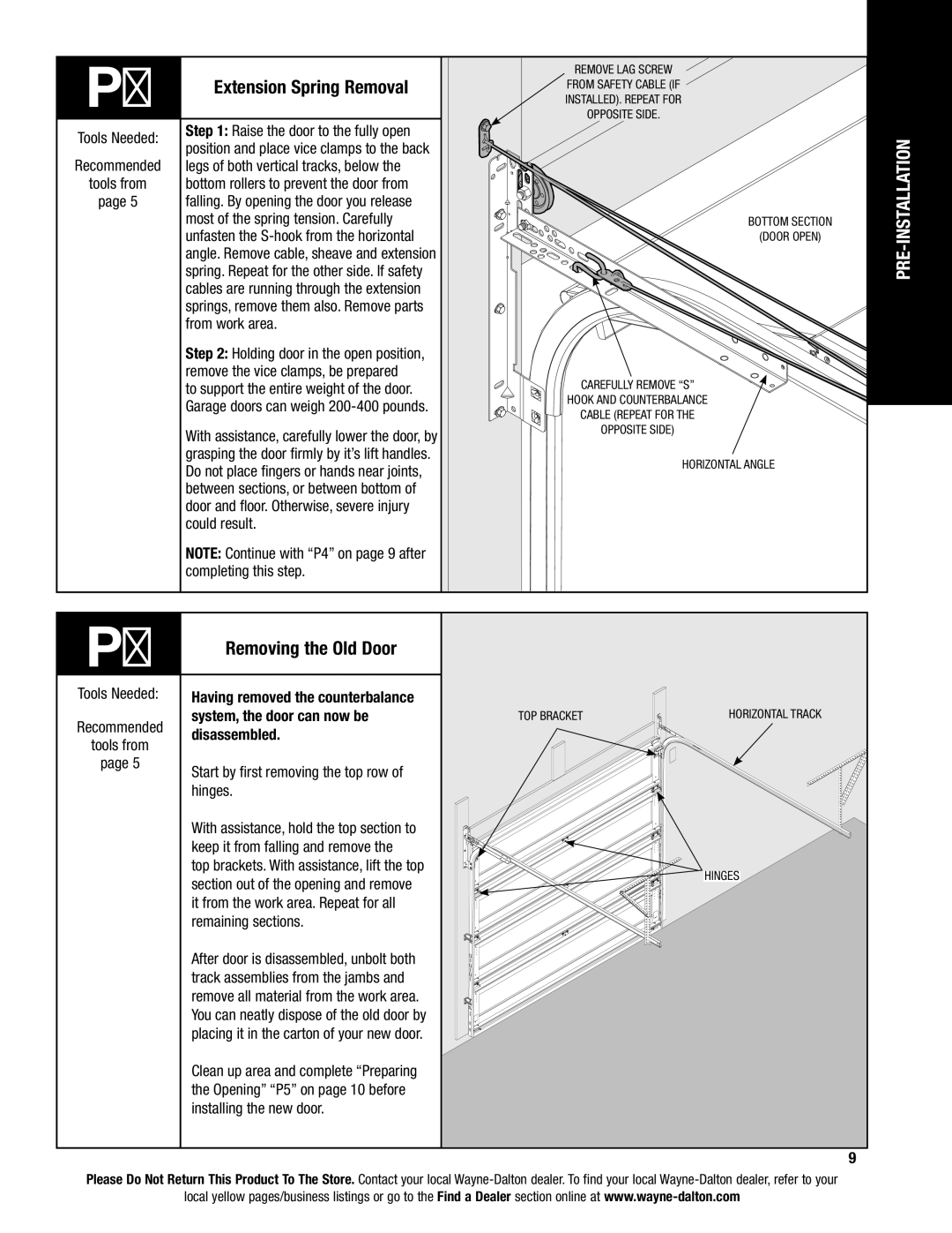 Wayne-Dalton 9400, 9100, 9600 installation instructions Extension Spring Removal, Removing the Old Door 