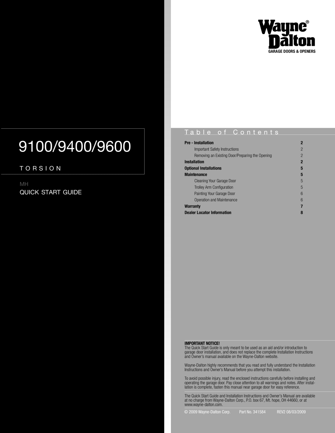 Wayne-Dalton 9600, 9900, 9200 installation instructions TorqueMaster Installation Instructions Layout 