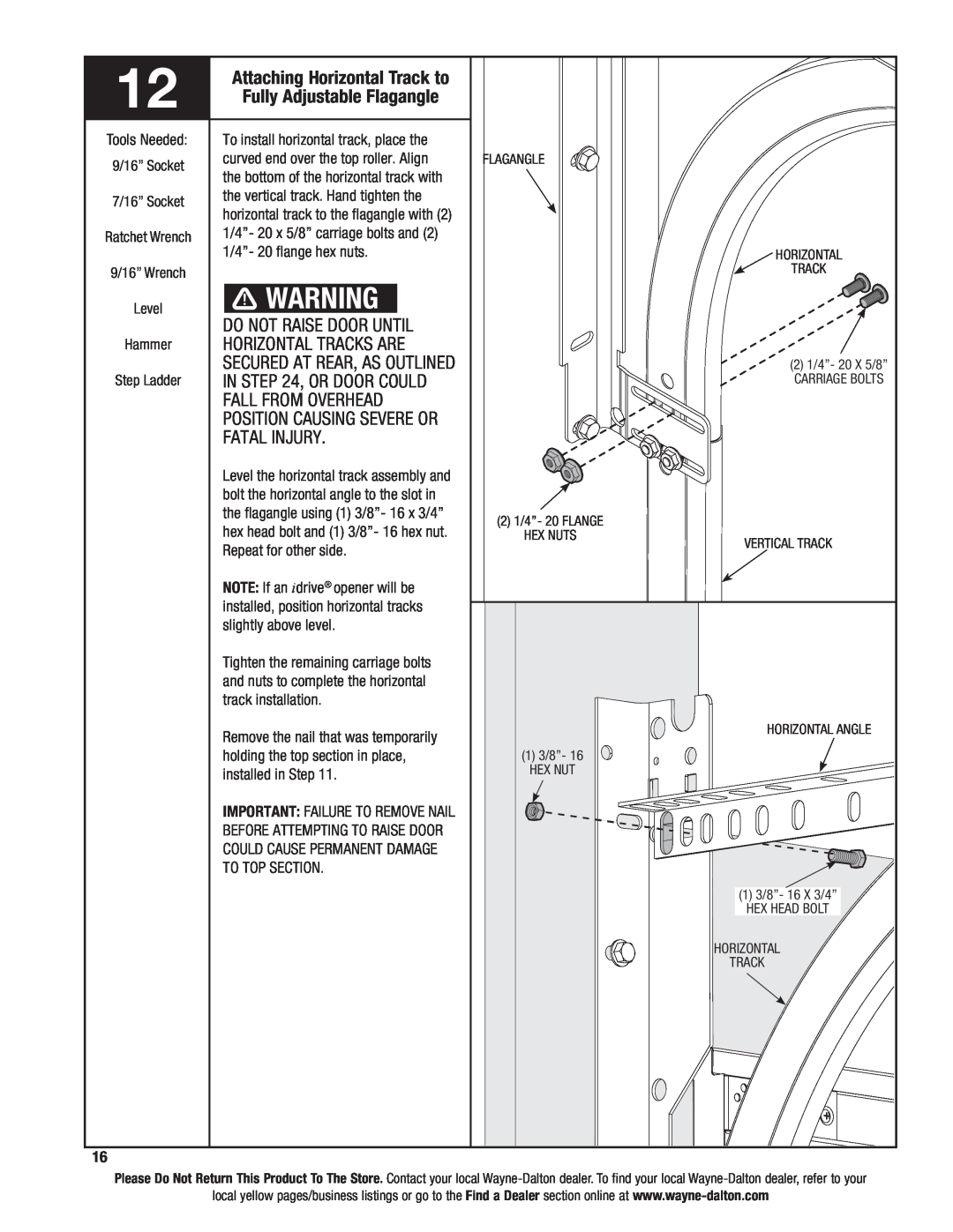 Wayne-Dalton 9100 Attaching Horizontal Track to, Fully Adjustable Flagangle, Do Not Raise Door Until, Fall From Overhead 