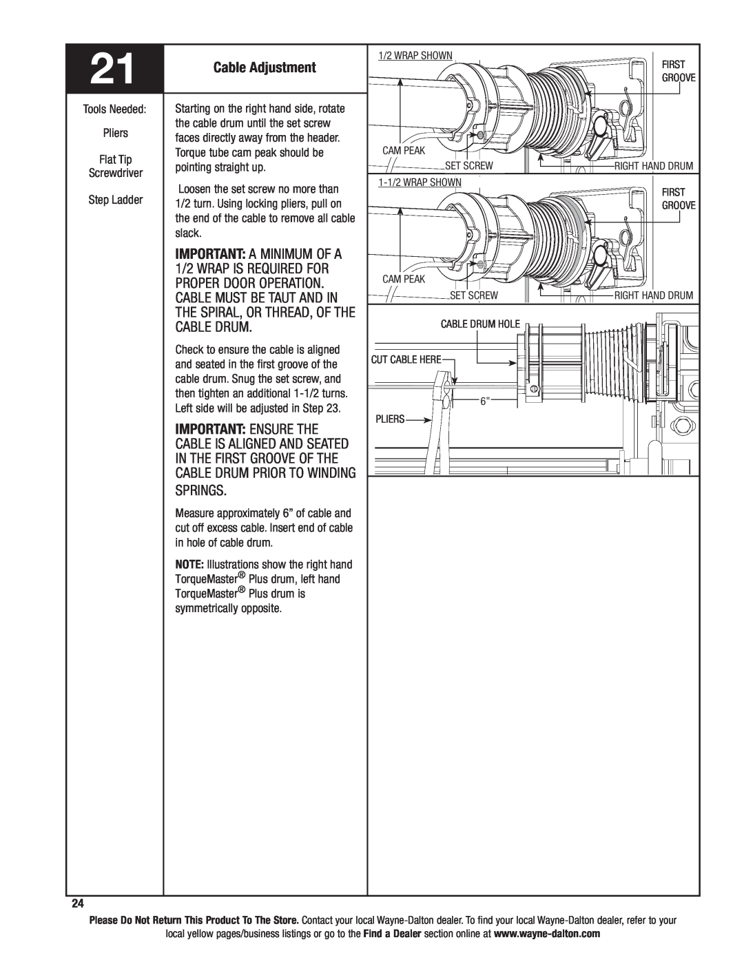 Wayne-Dalton 9400, 9100 Cable Adjustment, Cable must be taut and in, the spiral, or thread, of the, cable drum, Springs 