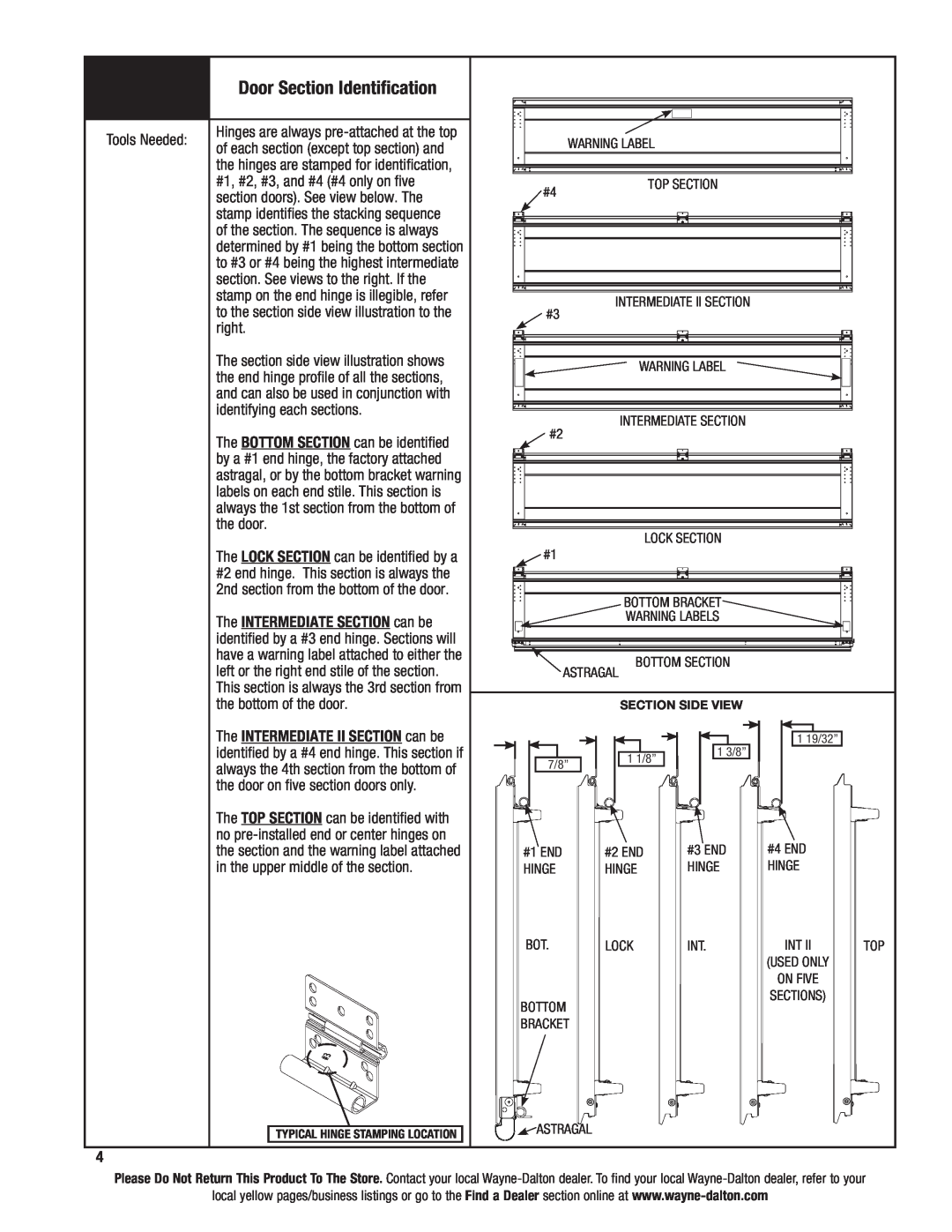 Wayne-Dalton 9100, 9400, 9600 installation instructions Door Section Identification 