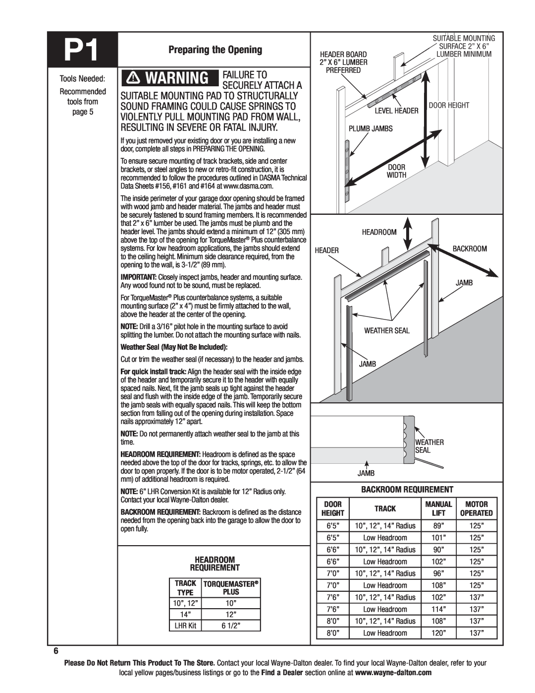 Wayne-Dalton 9400, 9100, 9600 installation instructions securely attach a, Failure to, suitable mounting pad to structurally 
