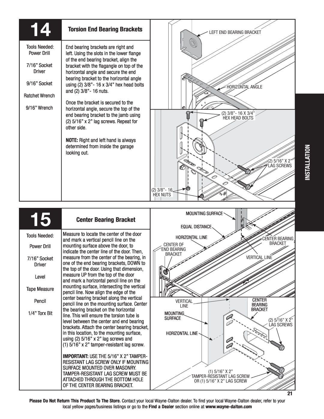 Wayne-Dalton 9400, 9100, 9600 installation instructions Torsion End Bearing Brackets, Center Bearing Bracket 