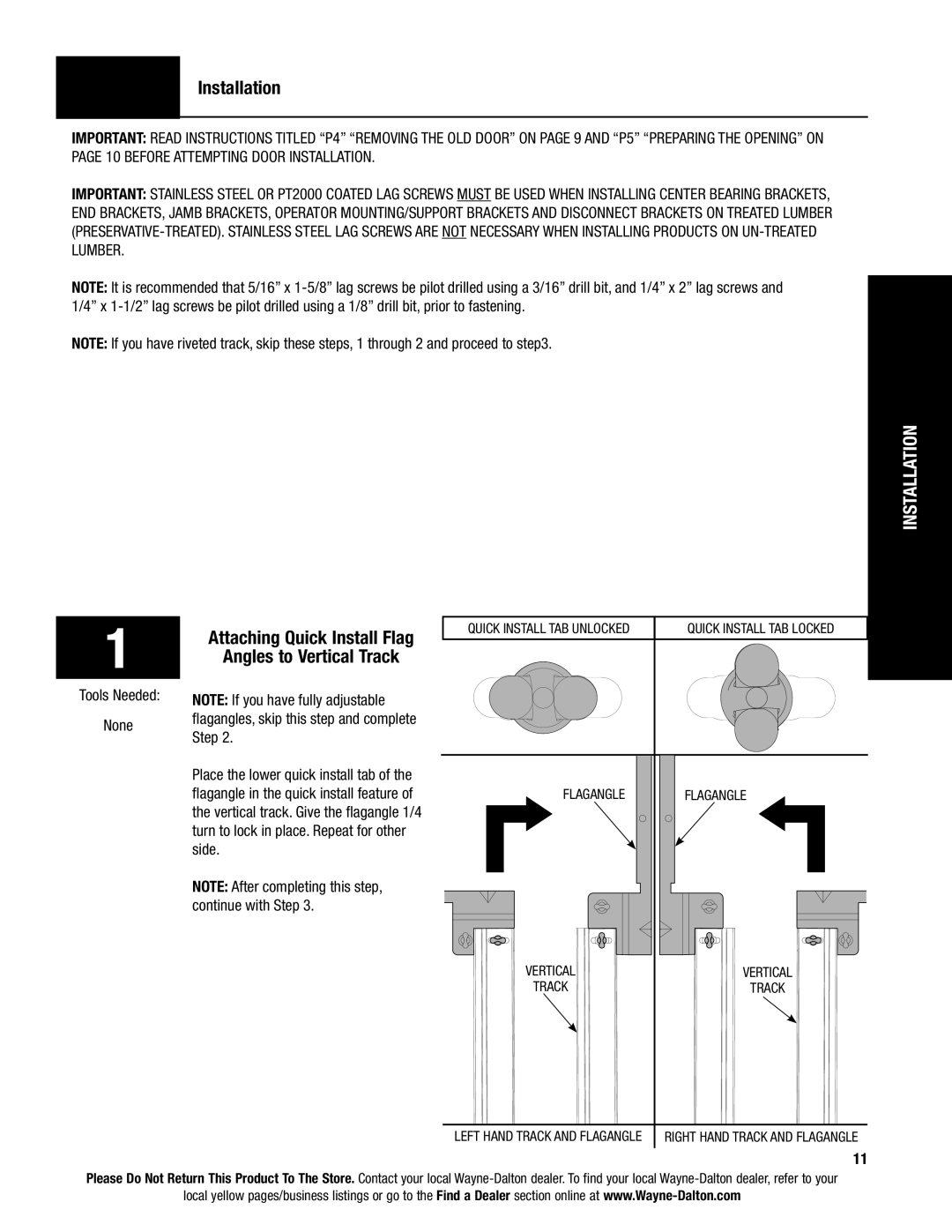 Wayne-Dalton AND 9600, 9400 Installation, Attaching Quick Install Flag, Angles to Vertical Track, Flagangle 