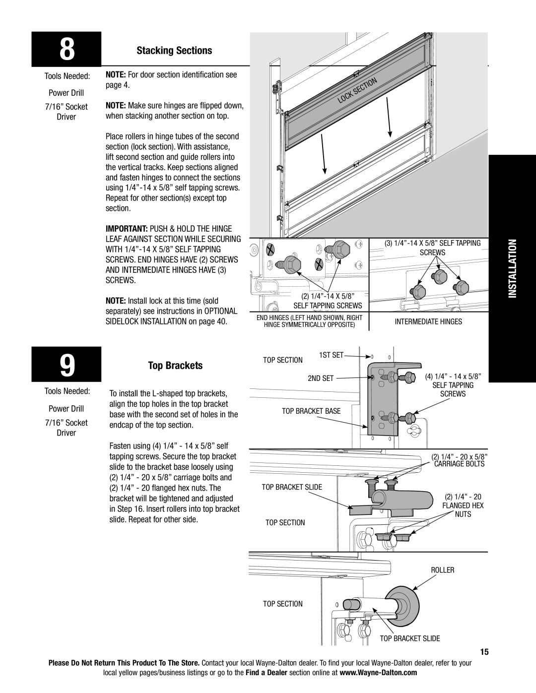 Wayne-Dalton AND 9600, 9400 installation instructions Stacking Sections, Top Brackets 