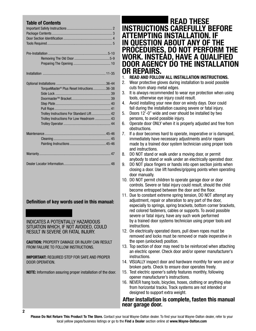 Wayne-Dalton 9400, AND 9600 installation instructions Table of Contents 