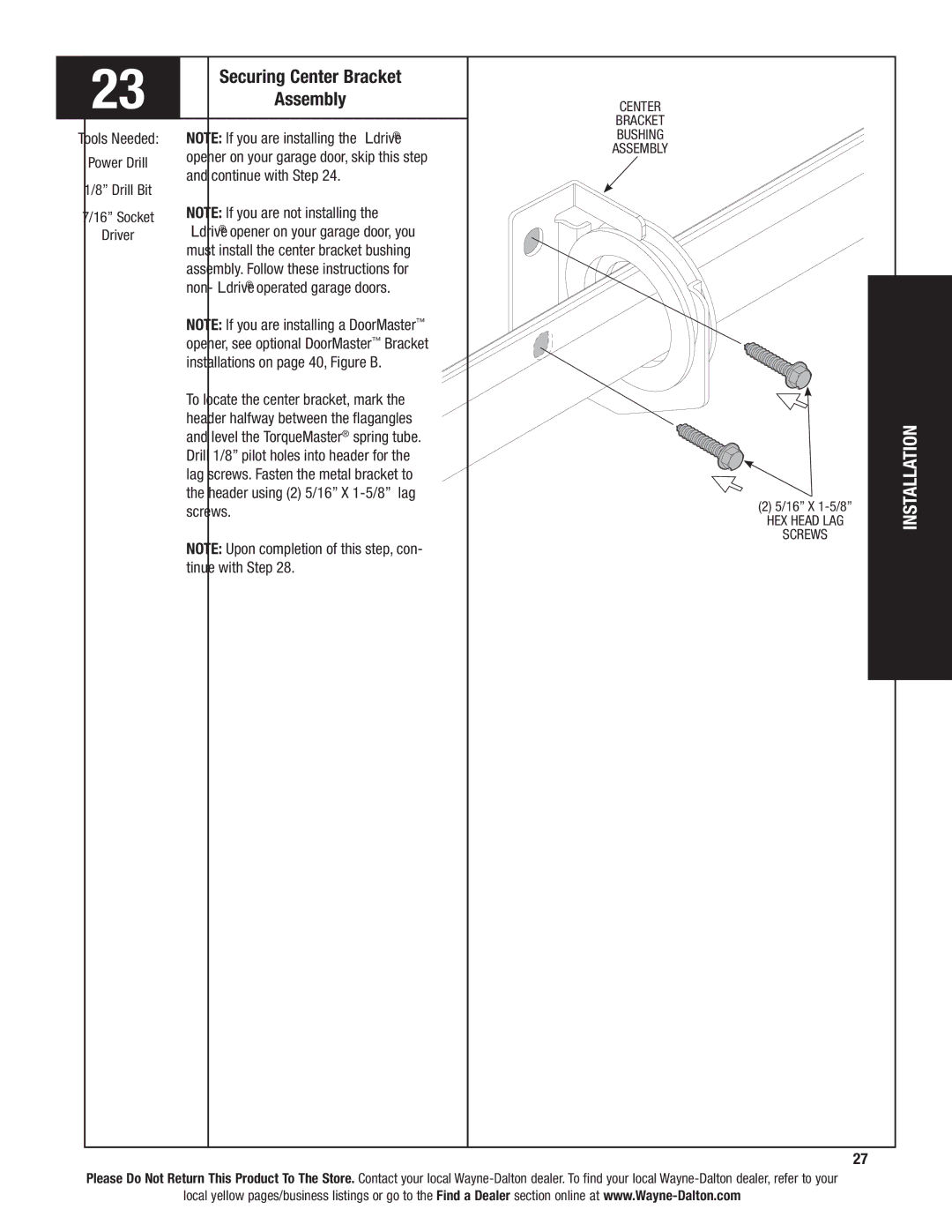 Wayne-Dalton AND 9600, 9400 installation instructions Securing Center Bracket, Assembly 