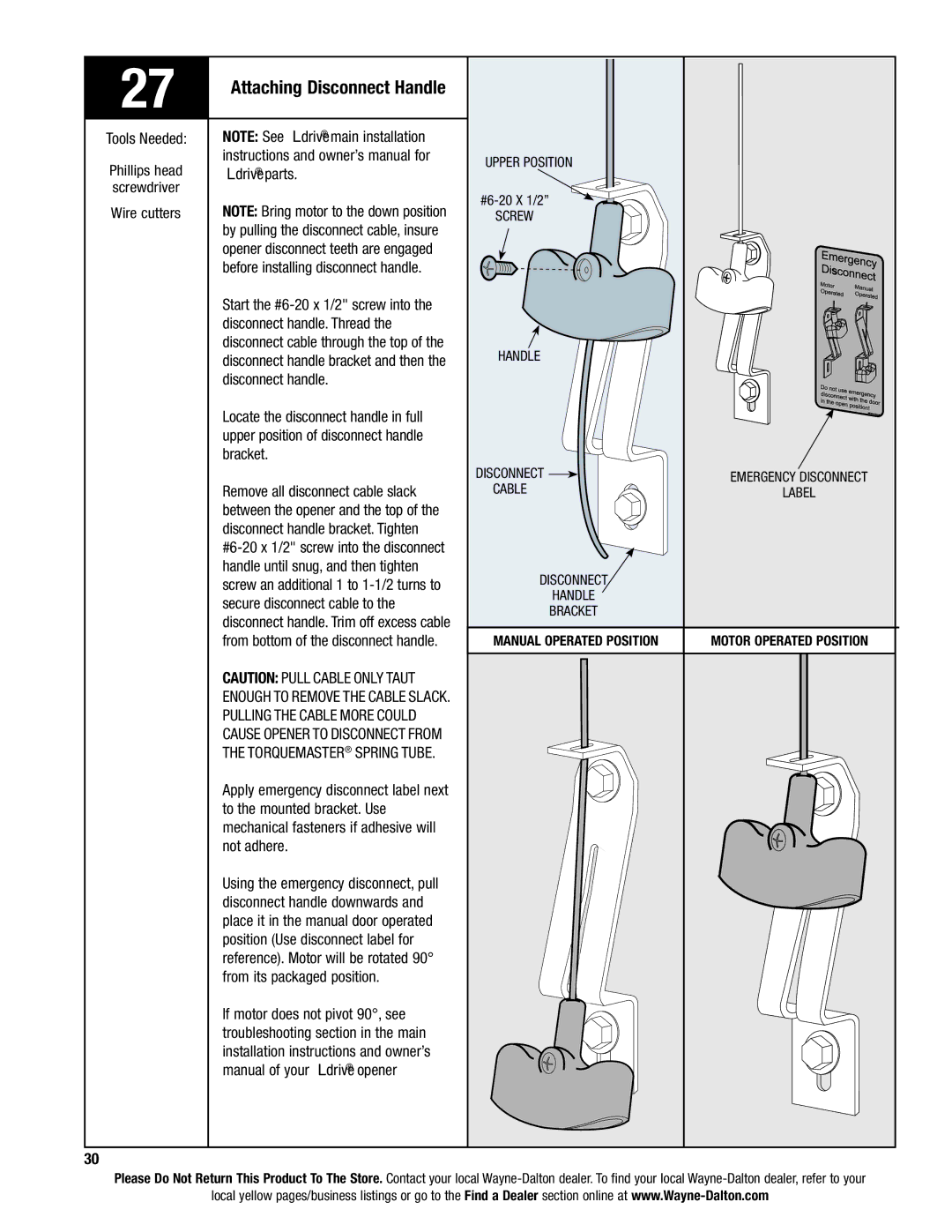 Wayne-Dalton 9400 Attaching Disconnect Handle, Remove all disconnect cable slack, Disconnect handle bracket. Tighten 