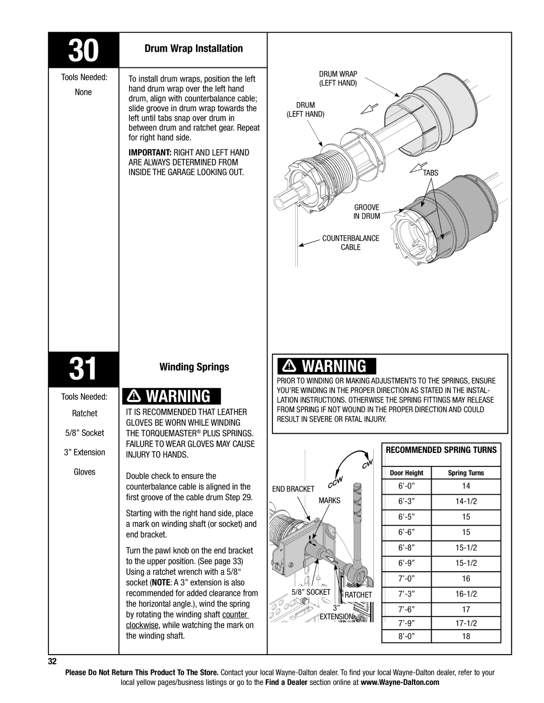 Wayne-Dalton 9400, AND 9600 installation instructions Drum Wrap Installation, Winding Springs, Recommended Spring Turns 