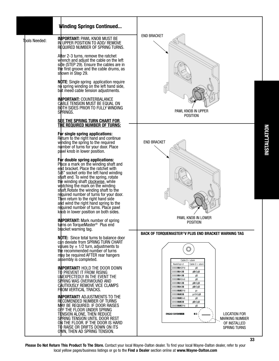 Wayne-Dalton AND 9600, 9400 Important pawl knob must be, Springs, See the Spring Turn chart for Required number of turns 