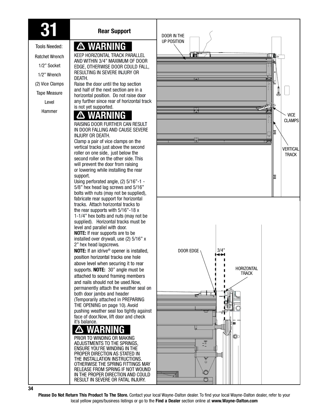 Wayne-Dalton 9400, AND 9600 installation instructions Rear Support 