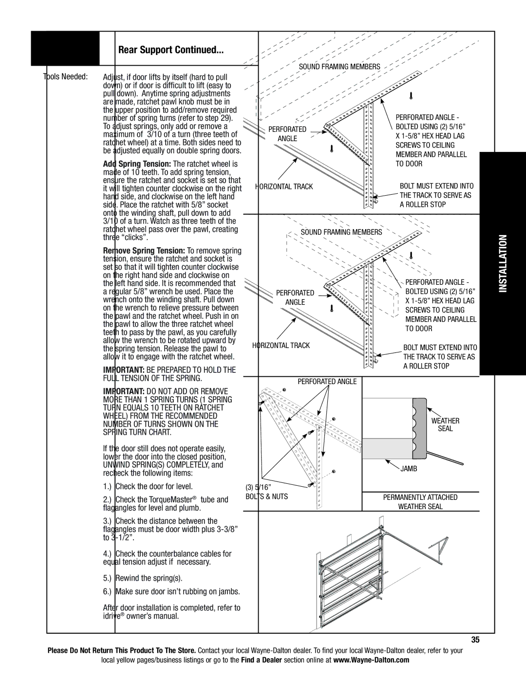 Wayne-Dalton AND 9600, 9400 Three clicks, Full Tension of the Spring, Spring Turn Chart, Flagangles for level and plumb 