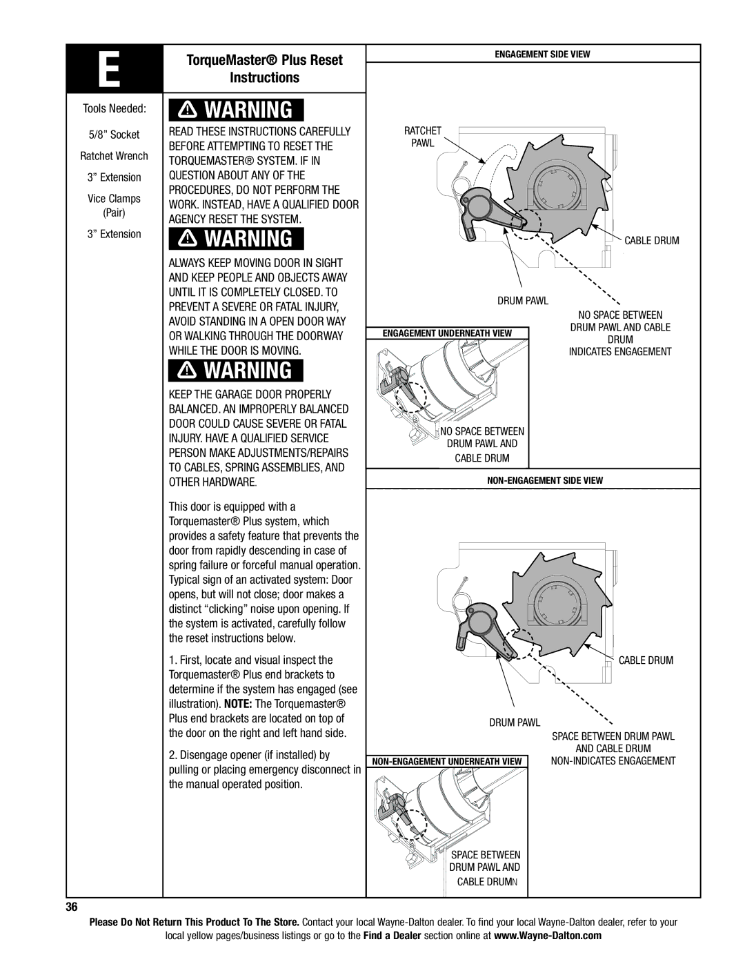 Wayne-Dalton 9400, AND 9600 installation instructions TorqueMaster Plus Reset, Instructions 