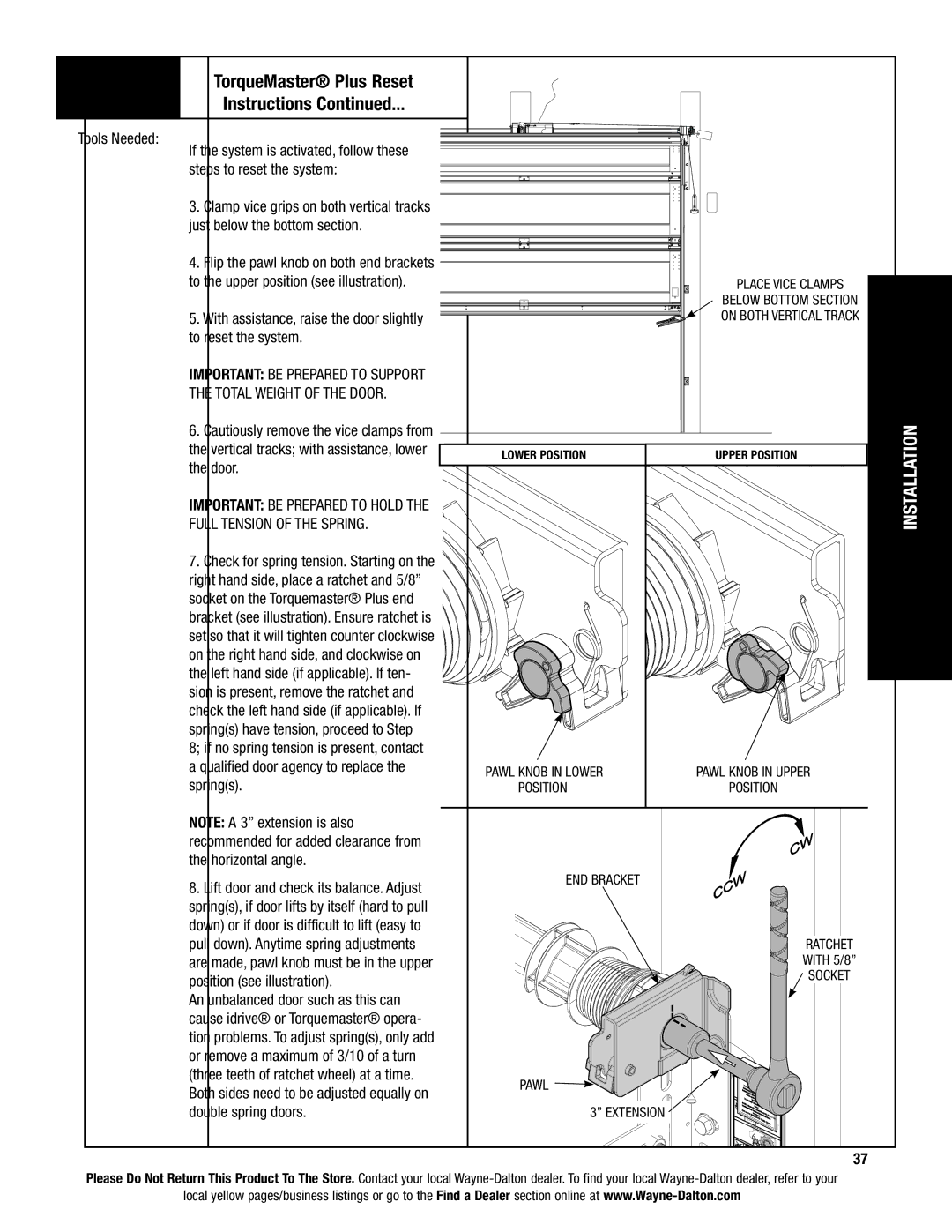 Wayne-Dalton AND 9600, 9400 installation instructions TorqueMaster Plus Reset Instructions, Pawl 