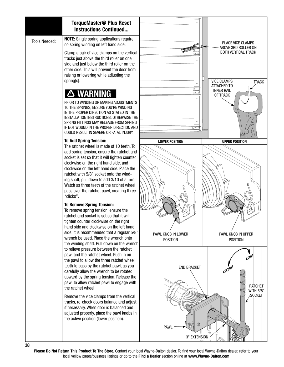 Wayne-Dalton 9400 No spring winding on left hand side, Clamp a pair of vice clamps on the vertical, To Add Spring Tension 