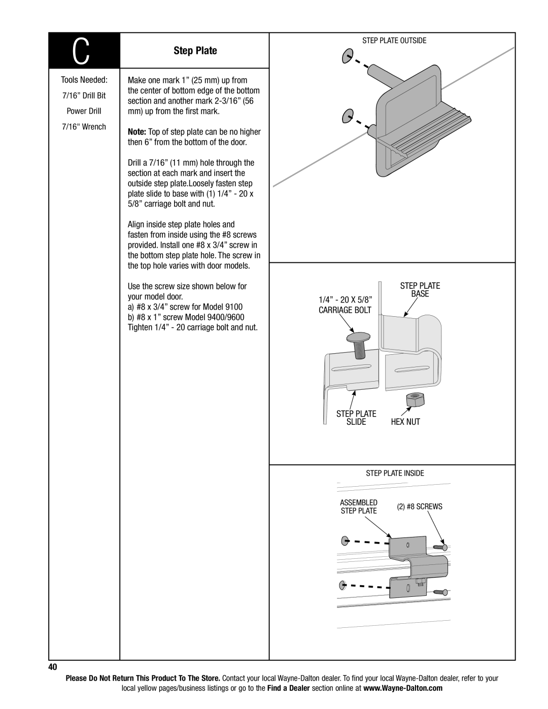 Wayne-Dalton 9400, AND 9600 installation instructions Step Plate 