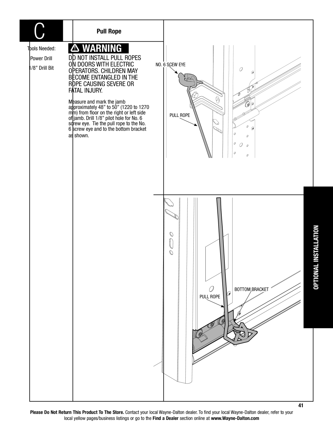 Wayne-Dalton AND 9600, 9400 installation instructions Pull Rope, Measure and mark the jamb, Approximately 48 to 50 1220 to 