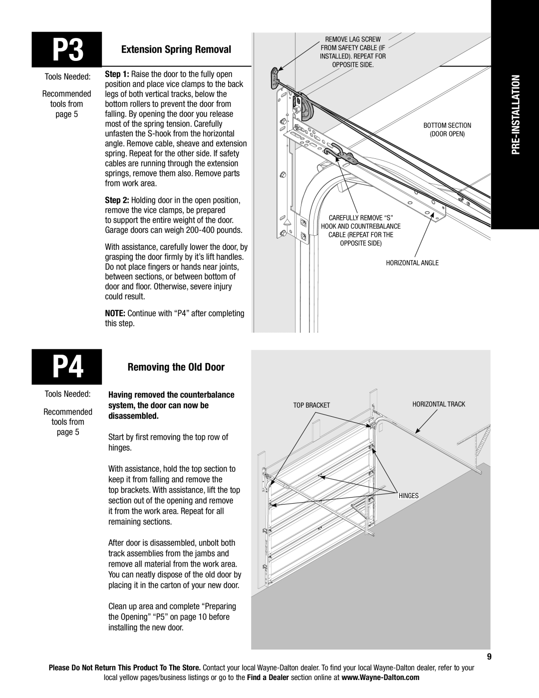 Wayne-Dalton AND 9600, 9400 Extension Spring Removal, Removing the Old Door, Tools Needed Recommended Tools from 