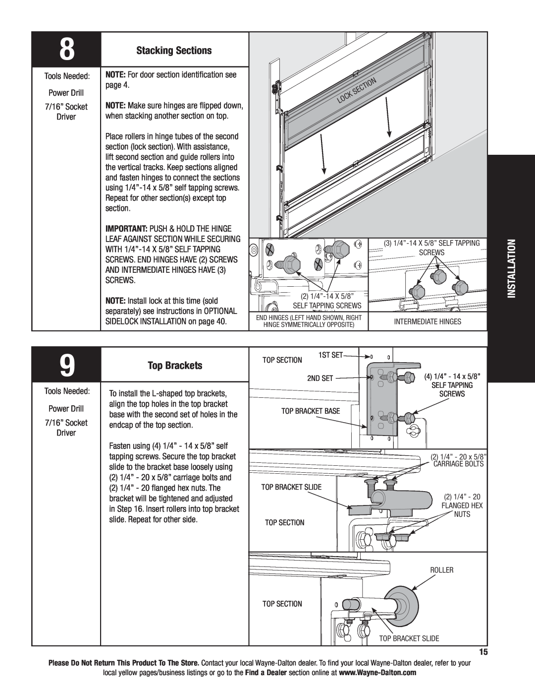 Wayne-Dalton AND 9600, 9400 installation instructions Stacking Sections, Top Brackets, 2 1/4”-14 X 5/8”, 4 1/4” - 14 x 5/8” 
