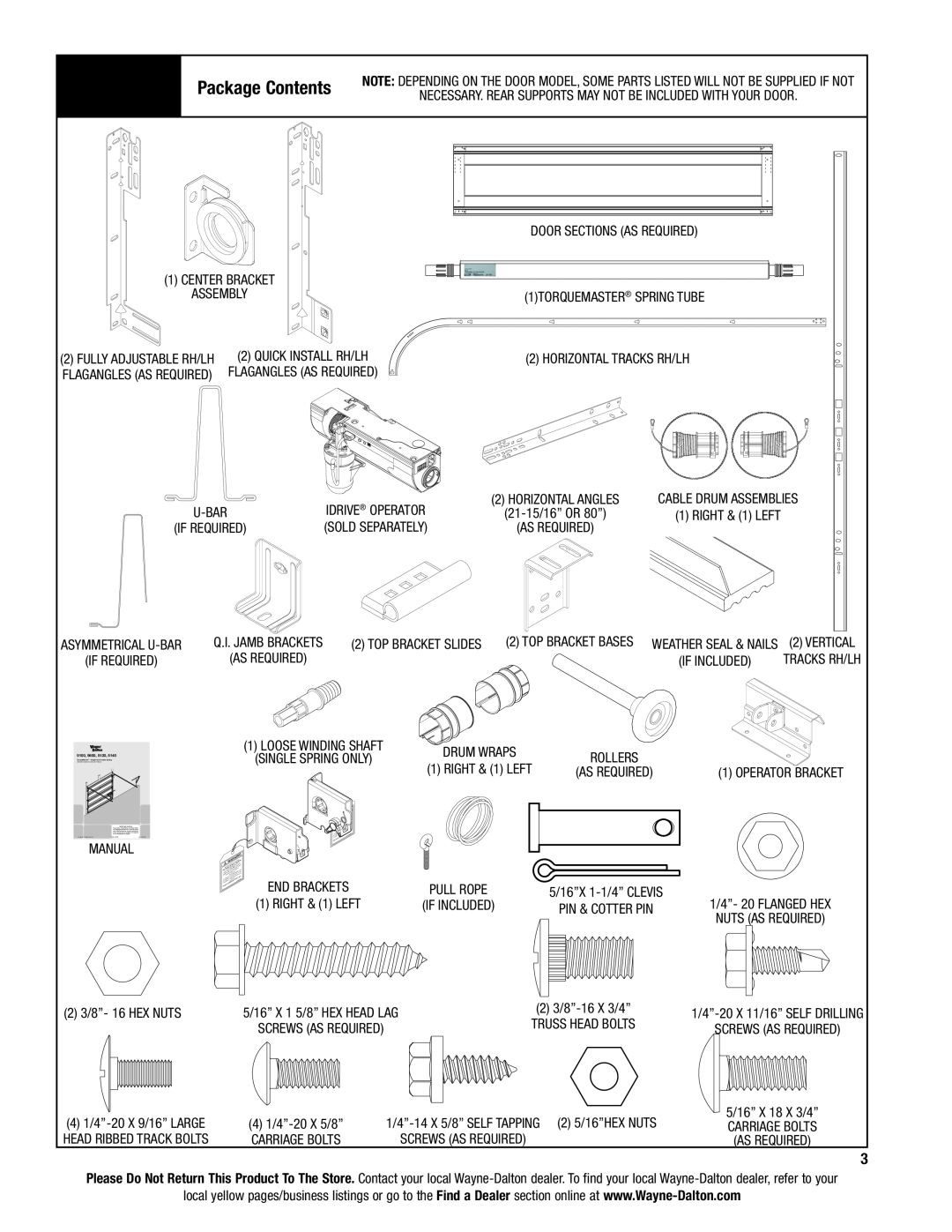 Wayne-Dalton AND 9600, 9400 installation instructions Package Contents 