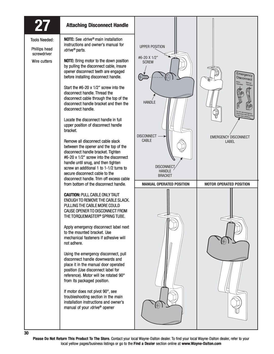 Wayne-Dalton 9400, AND 9600 installation instructions Attaching Disconnect Handle, screwdriver, Screw 
