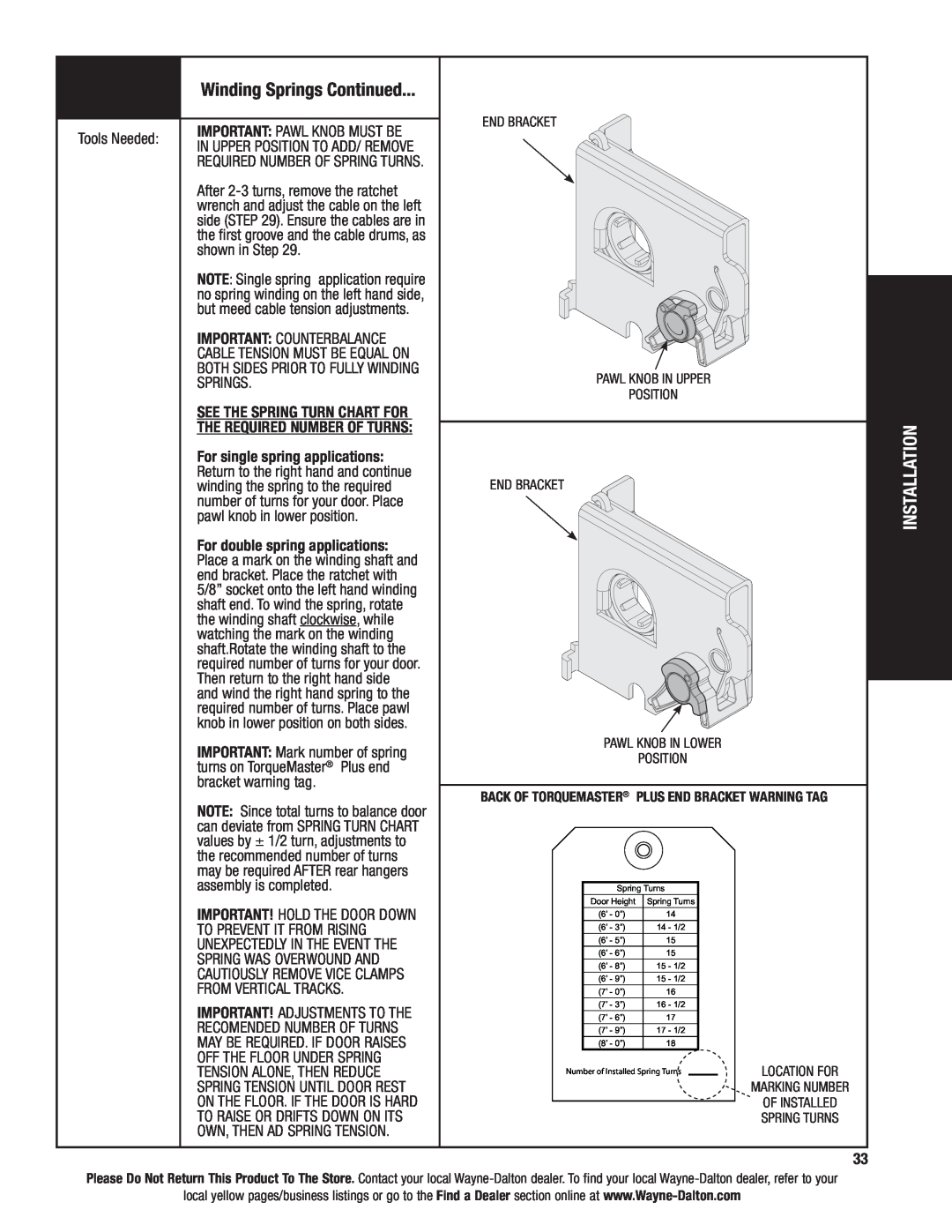 Wayne-Dalton AND 9600, 9400 installation instructions Winding Springs Continued 