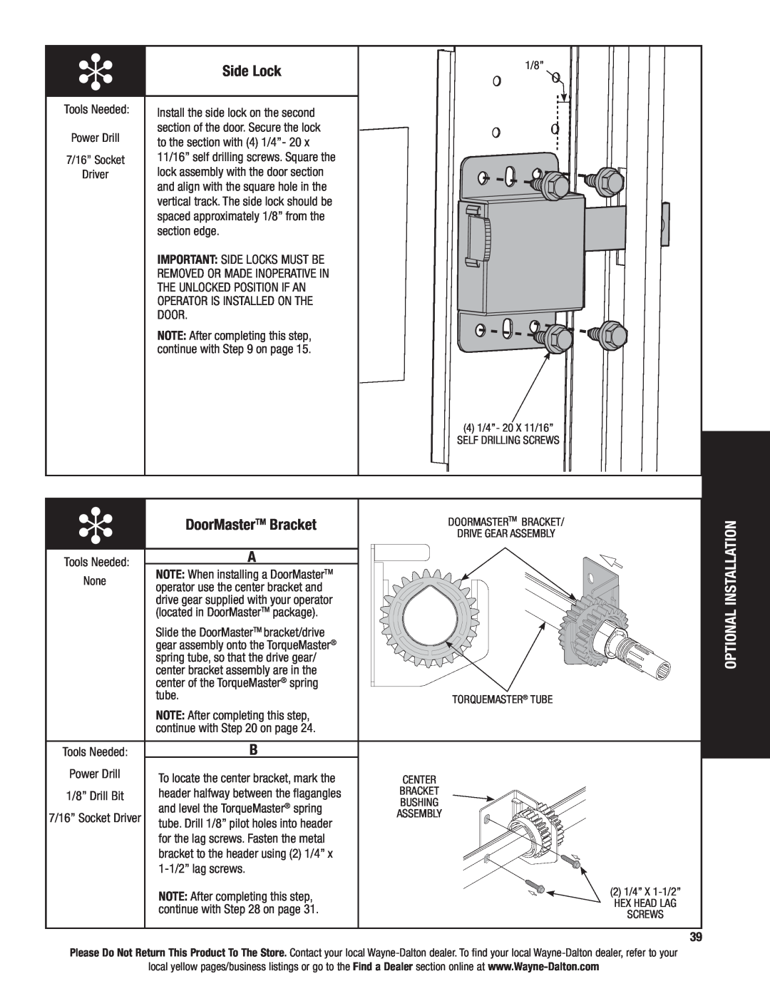 Wayne-Dalton AND 9600, 9400 installation instructions Side Lock, DoorMaster TM Bracket, optional INSTALLATION 