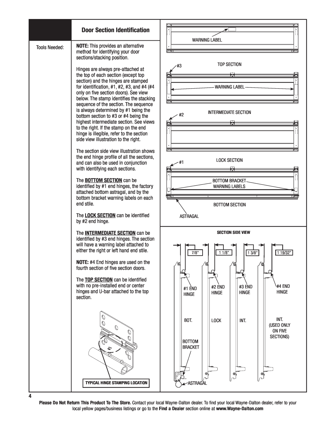 Wayne-Dalton 9400, AND 9600 installation instructions Door Section Identification 