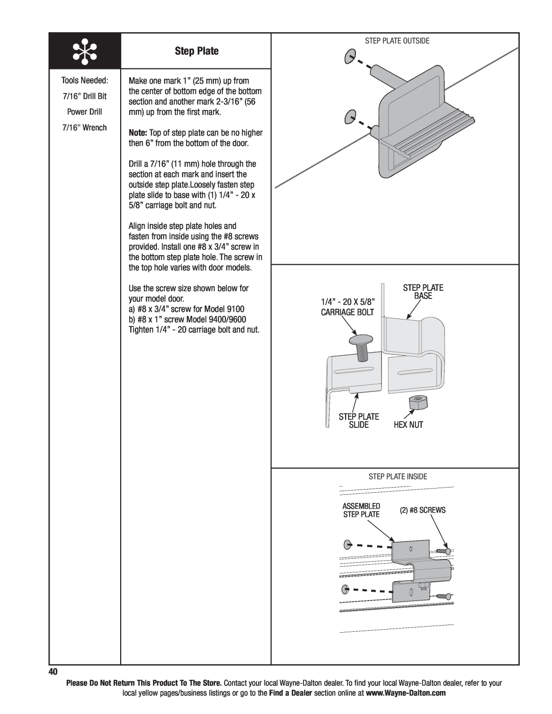 Wayne-Dalton 9400, AND 9600 installation instructions Step Plate 