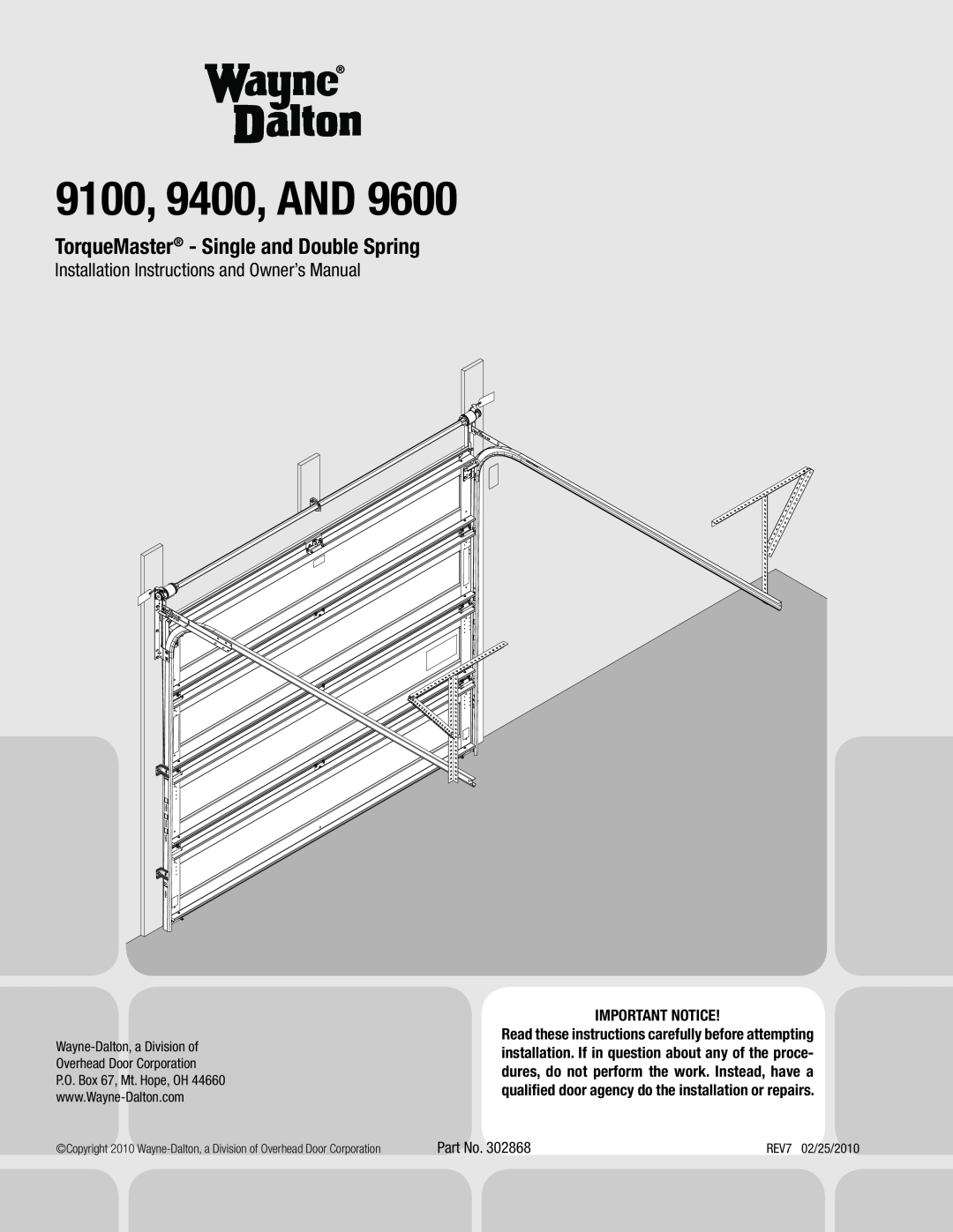 Wayne-Dalton installation instructions 9100, 9400 and 9600 Series, TorqueMaster Plus - Single and Double Spring 