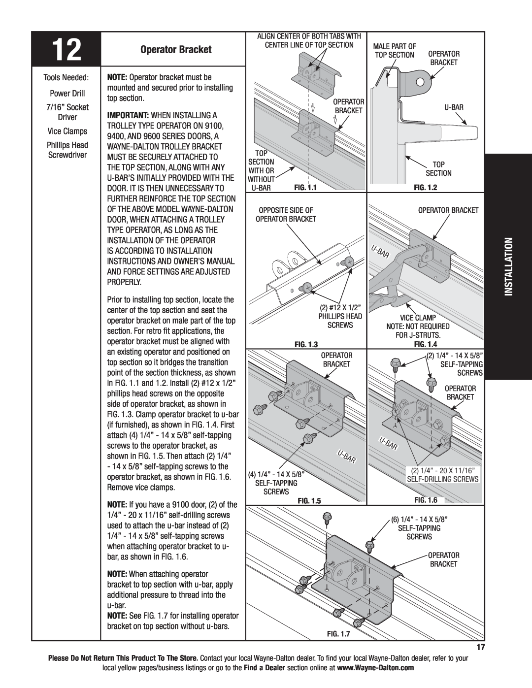 Wayne-Dalton 9600 installation instructions Operator Bracket, Installation 