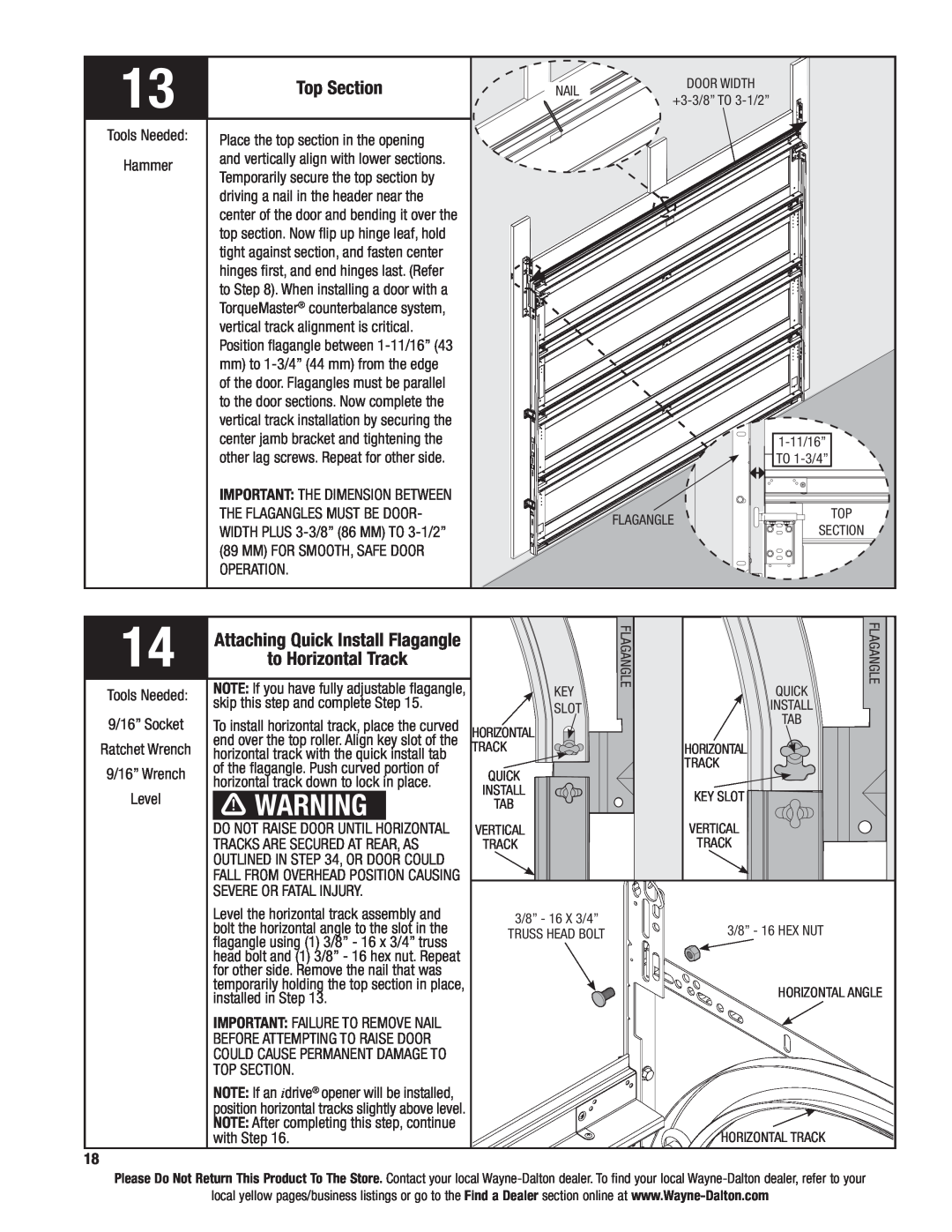 Wayne-Dalton 9600 installation instructions Top Section, to Horizontal Track, Attaching Quick Install Flagangle 