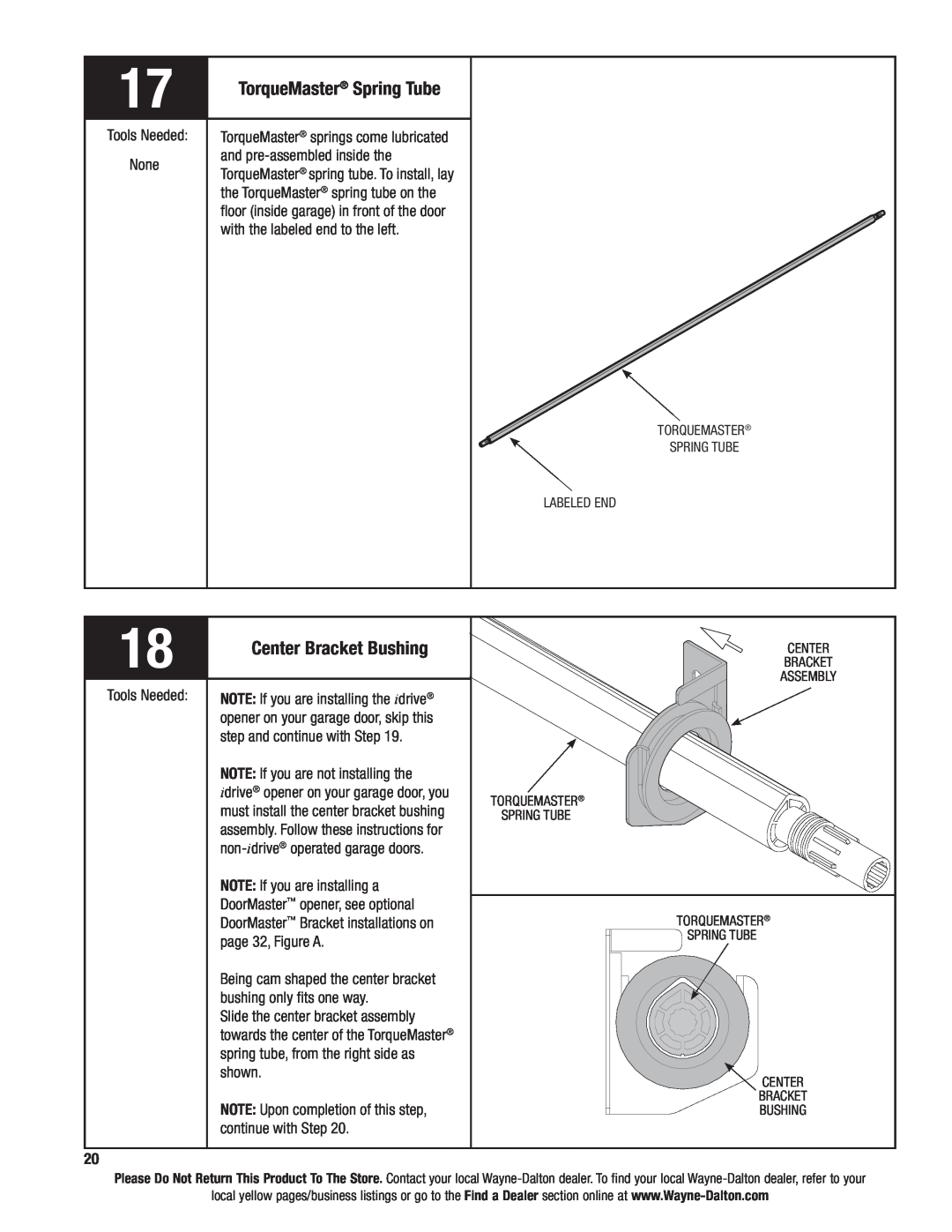 Wayne-Dalton 9600 installation instructions TorqueMaster Spring Tube, Center Bracket Bushing 